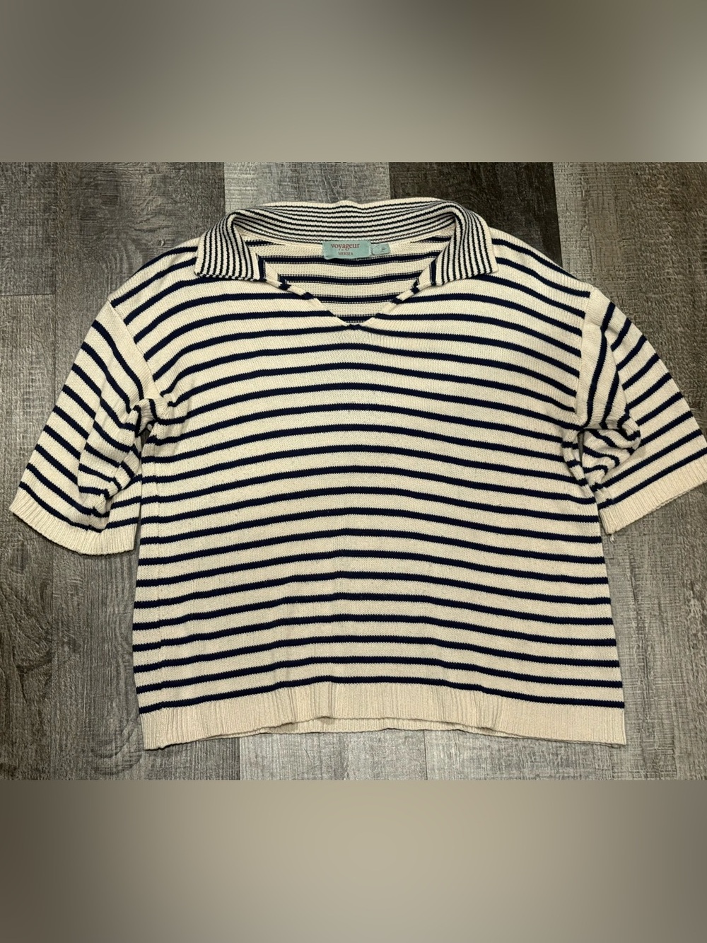 Voyageur by MERSEA Breton Stripe Polo Sweater in Navy/Ivory